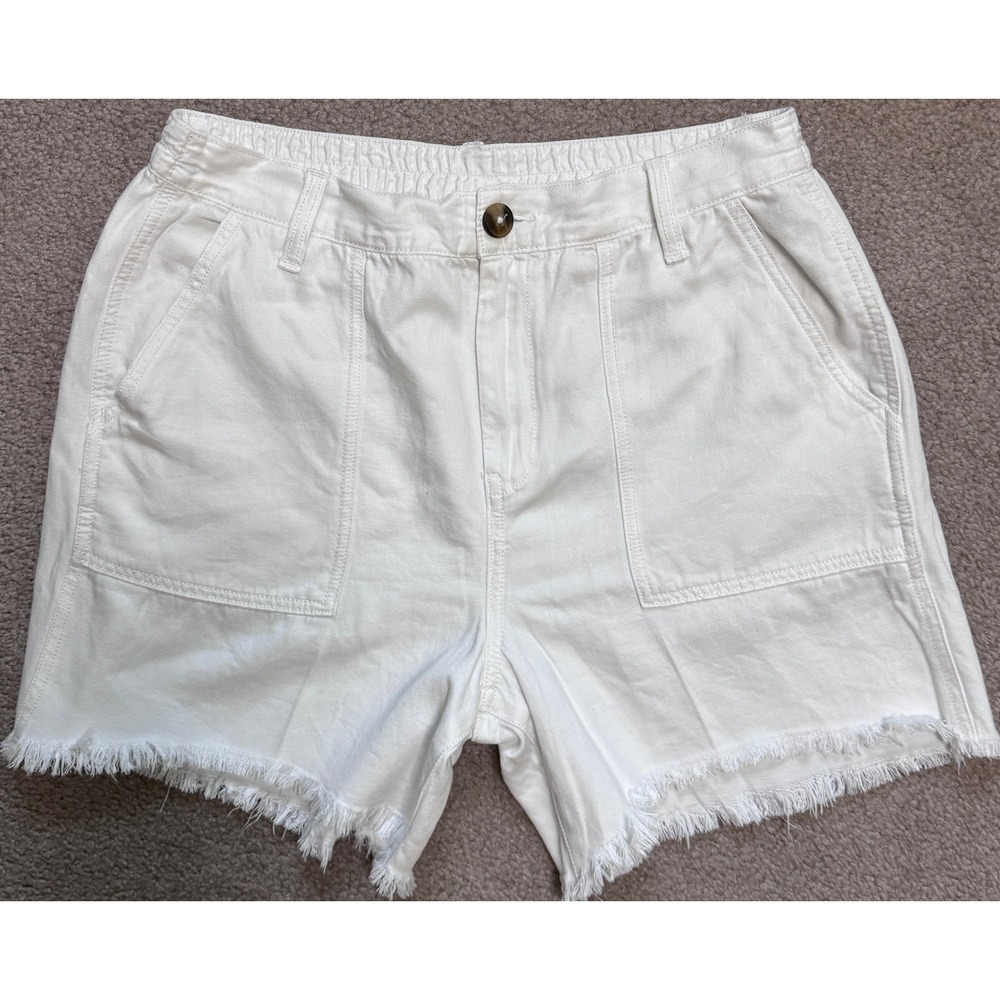 Aerie White High Waisted Frayed Hem Shorts Womens Medium Elastic Waist - Picture 1 of 8